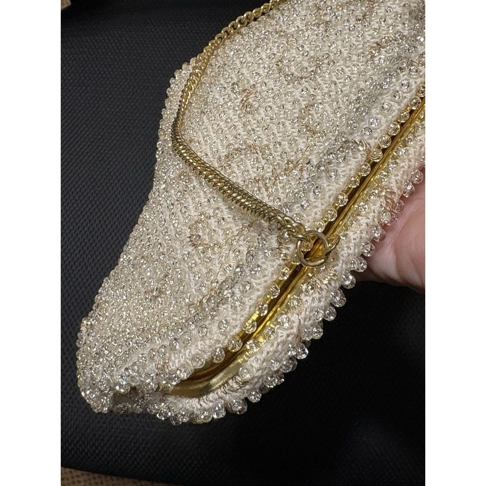 Vintage 1950-60s Lumiered Corde Beaded Hand Bag/Purse/Clutch Ivory/cream & Gold - Picture 2 of 14